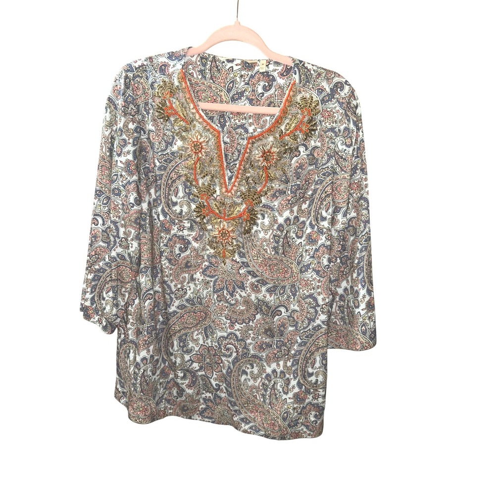 Soft Surroundings Paisley Embroidered Tunic Top Blue Orange Gold Medium 2GCB7